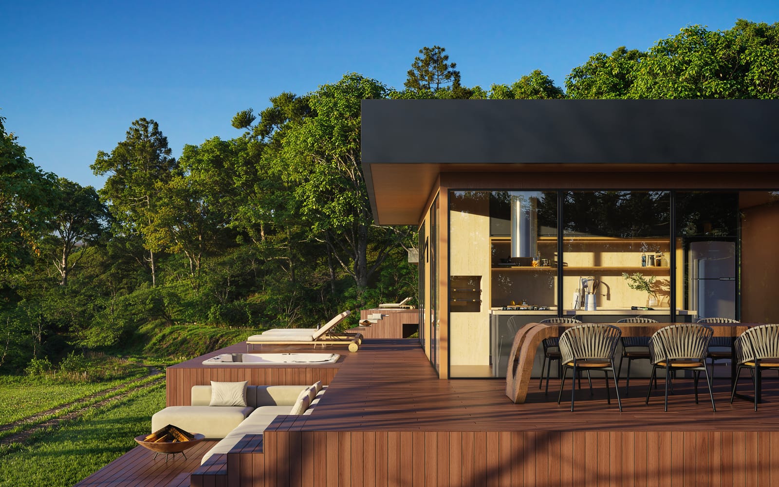 Render de projeto: o Eco Habitat LIV com deque e cozinha integrada